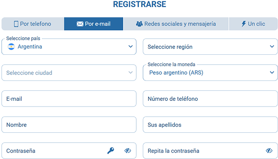 Formulario de registro de 1xBet